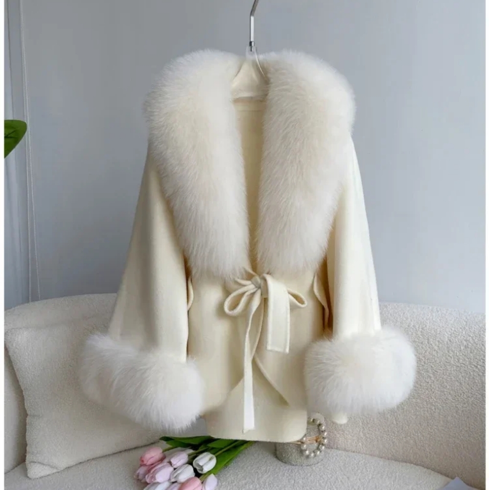 Woolen Jacket Real Big Fur Detachable Collar Loose  Blends Luxury Fashio - Picture 4 of 9